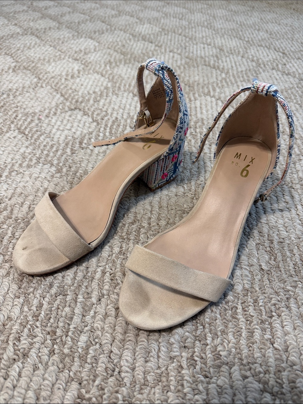 Mix No. 6 Neutral Suede Open-Toe Block Heels with Colorful Woven Ankle Straps